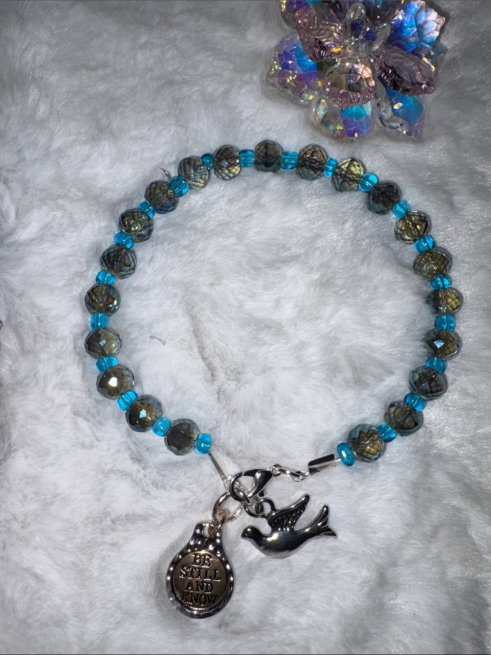 Silver Dove Charm Blue and Green Victorian Beads Bracelet